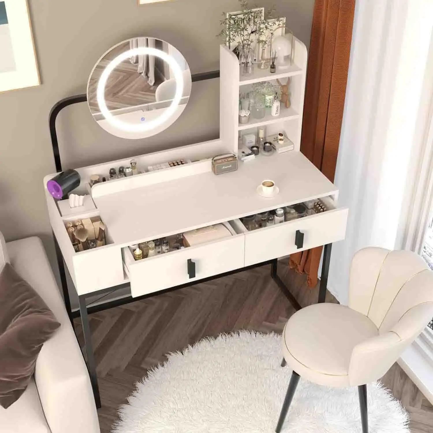 

Makeup Vanity Desk with Mirror and Lights,Vanity Makeup Table, Vanity Table for Bedroom with Lots Storage, 3 Lighting Modes