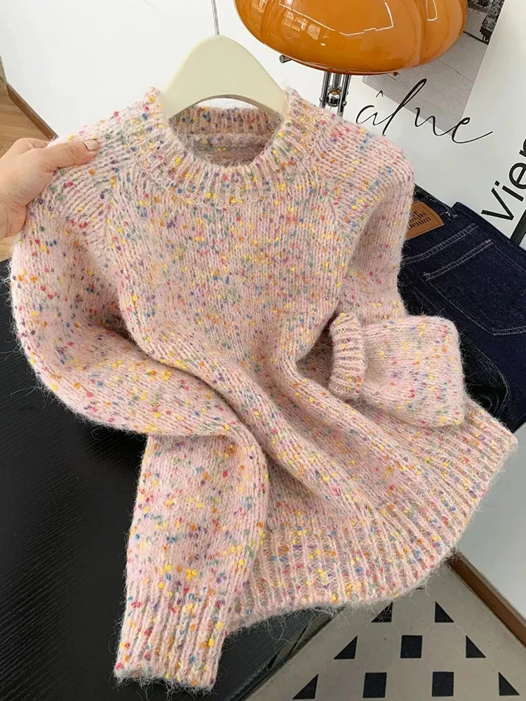 

Retro Colors Dot Sweet Sweater Women Korean Lazy Wind O Neck Cute Knitted Jumper Vintage Fall Winter Long Sleeve Tops Pullover