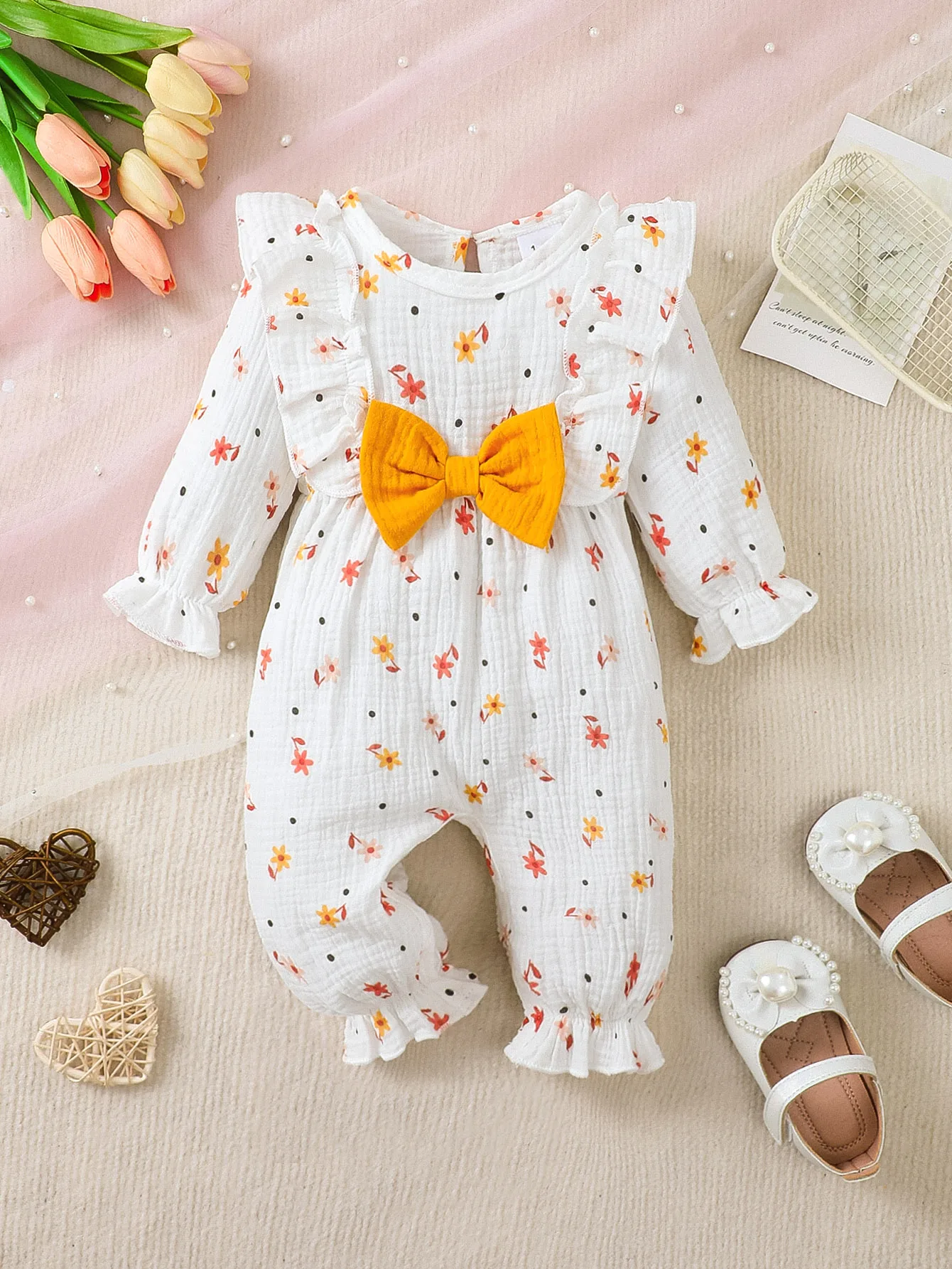 

Winter 0-1 Years Old Infant Baby Girls Small Floral Prints Long Sleeved Jumpsuit
