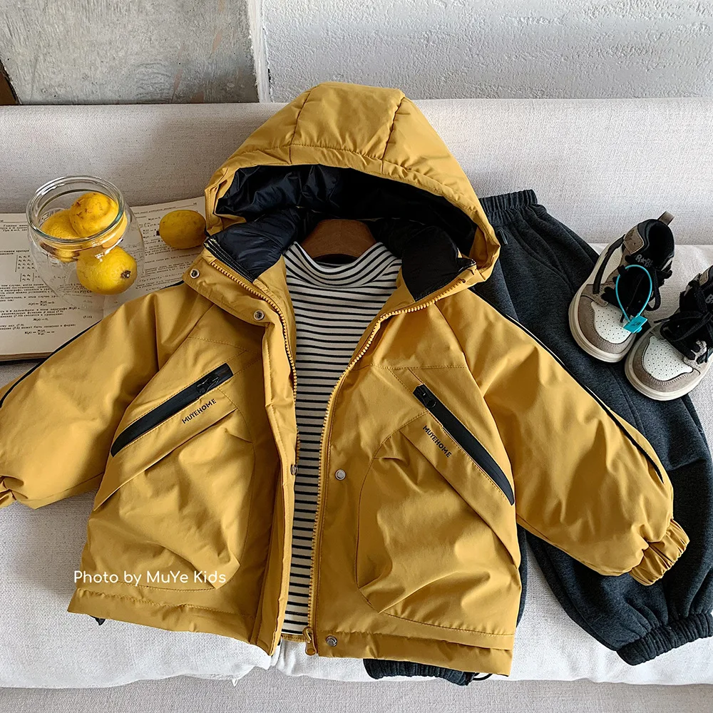 

Новый зимний модный дизайн для мальчиков, пуховик, детская одежда, детская теплая и толстая куртка с капюшоном в корейском стиле