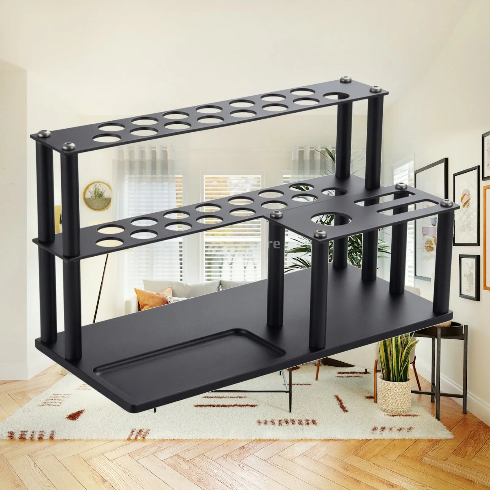 Heavy Duty Metal Screwdriver Storage Rack for Workshop Bench Tool Organizer with Two Shelves and Lower Tray
