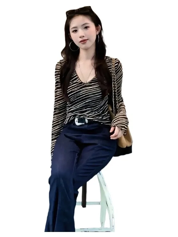 플러스 사이즈 슬리밍 블라 스트라이프 롱 슬리브 티셔츠 여성용 가을 패셔너블 허리 조임 탑 고급스러운 느낌 출퇴근룩