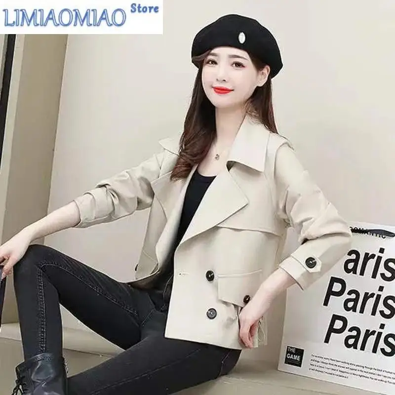 

New High-quality Windbreaker Women's Short Jacket Spring Autumn Large Lapel Double-Breasted Jacket Top Female Trench