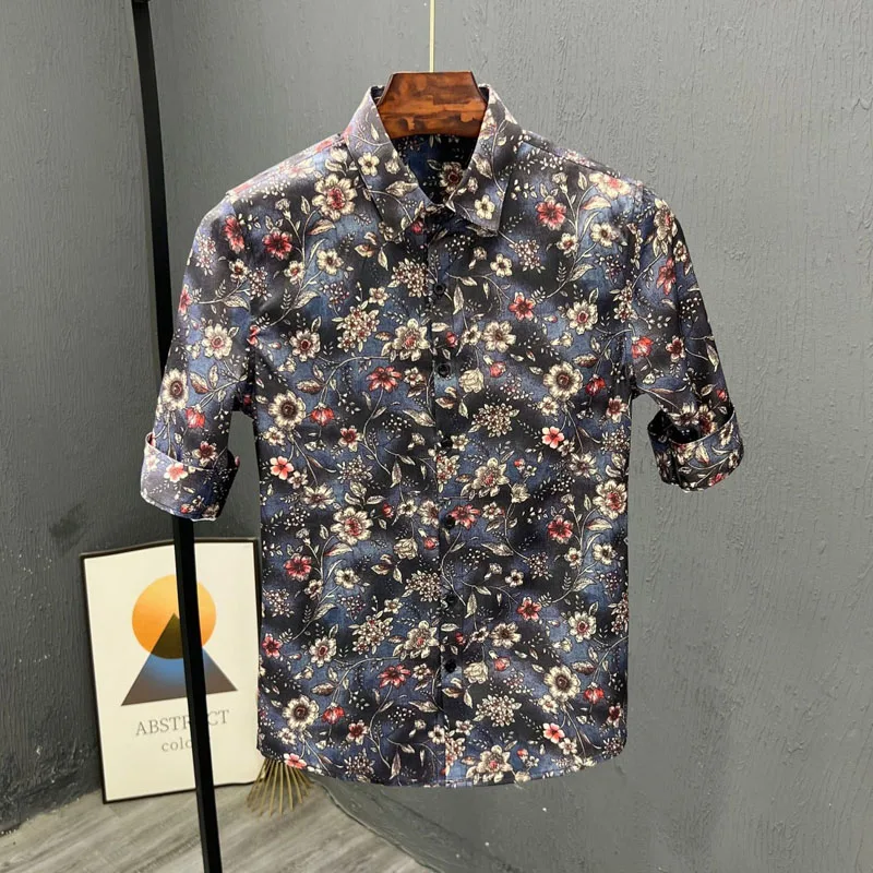 Lapel Collar Casual Summer Men Floral Printing Short Sleeved Plant&Flowers Shirt 2024 New Trend Slim Thin Style All-match Tops