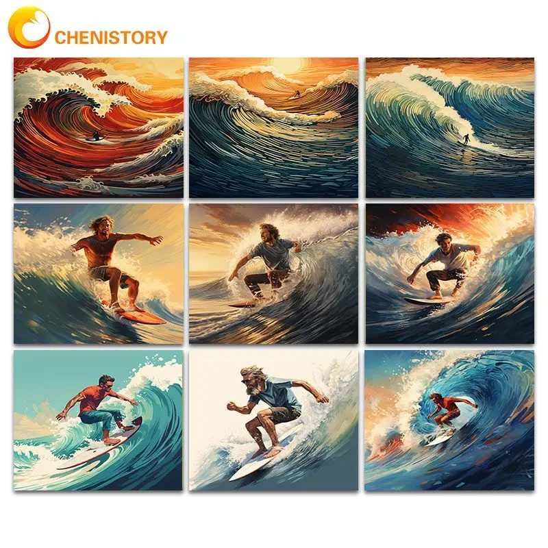 CHENISTORY Coloring By Number Surfing Scenery For Adults DIY Frame Picture By Numbers Drawing On Canvas Home Decoration