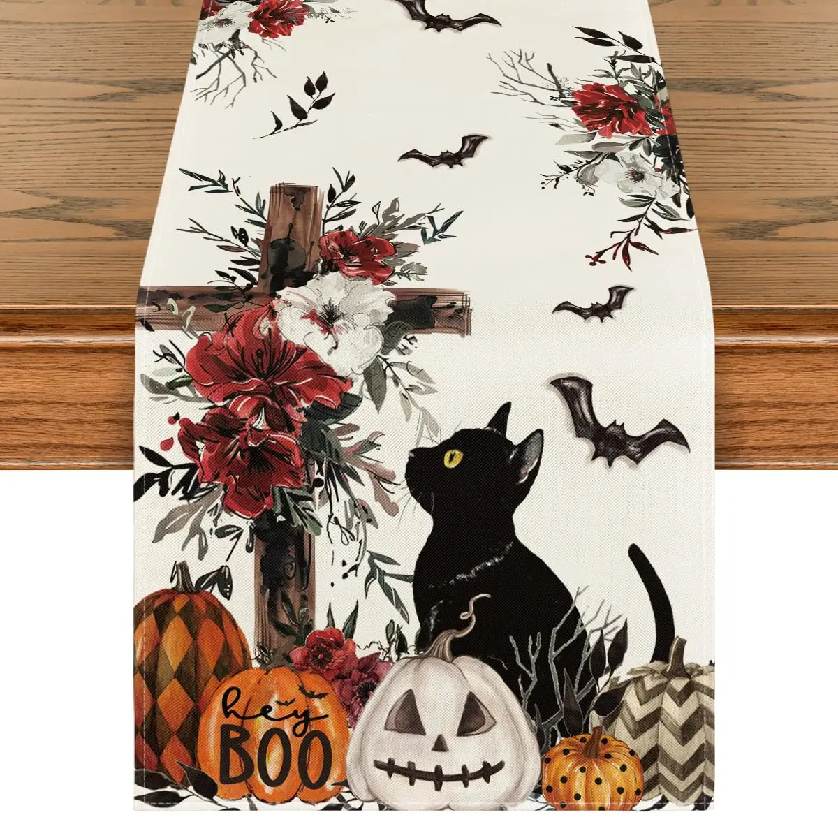 

Jack-O'-Lantern Pumpkin Cross Black Cat Halloween Table Runner, Bat Kitchen Dining Table Decoration for Home Party Decor