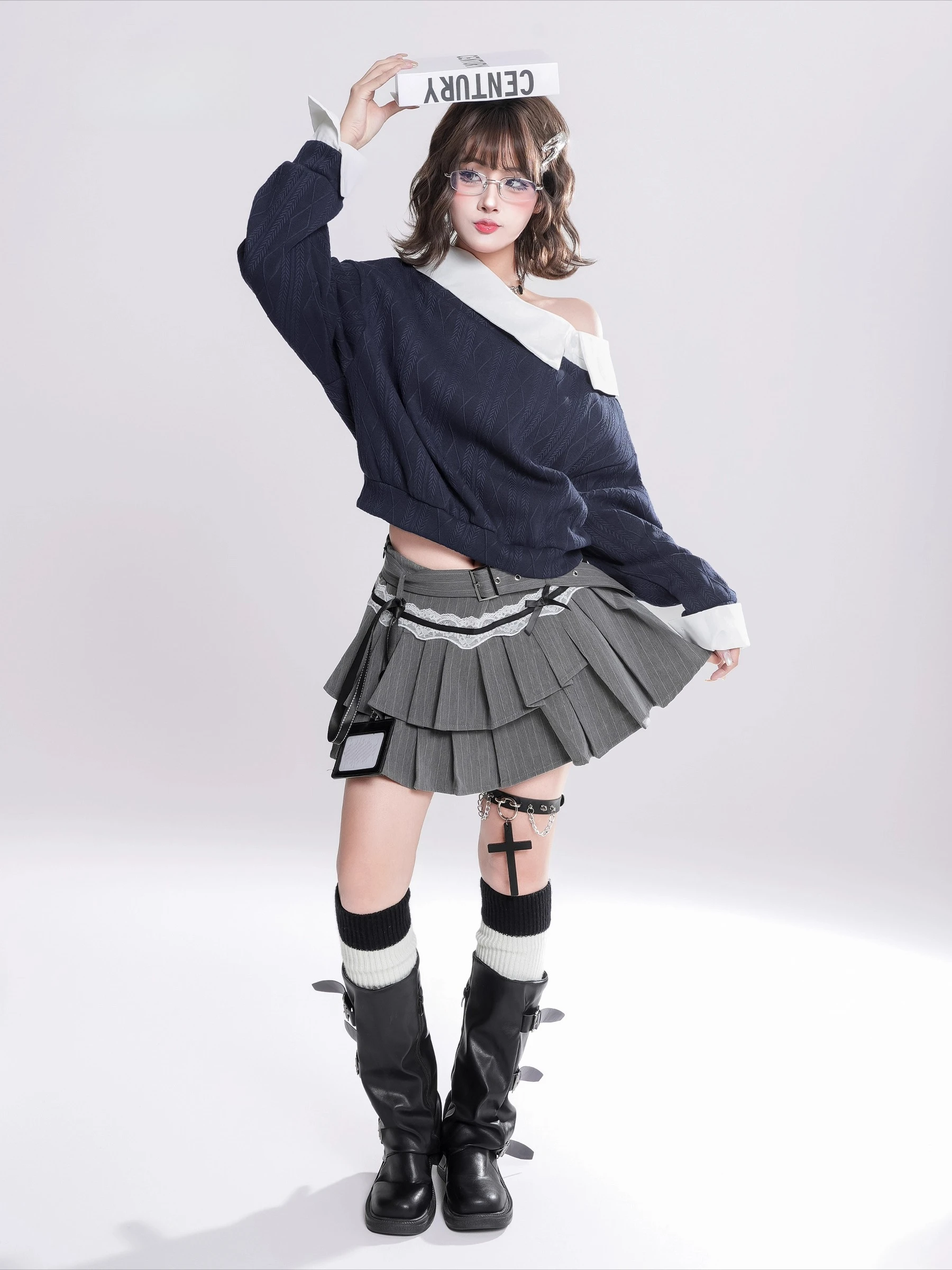 2025 Spring and Autumn New Korean Style Fake Two-Piece Patchwork Asymmetrical Long Sleeve Hoodie Loose Short Gray Casual Top