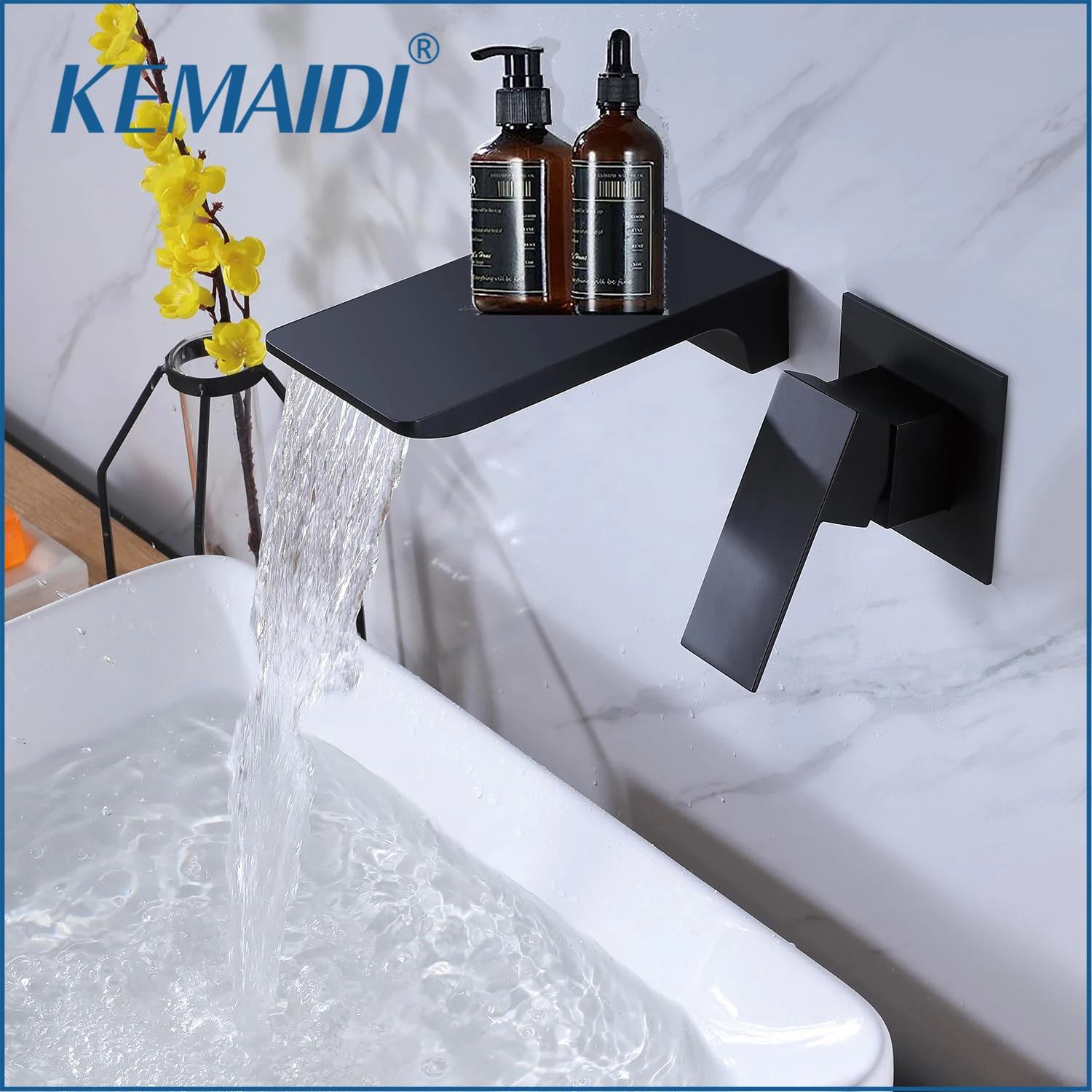 

KEMAIDI Matte Black Bathtub Faucets Waterfall Bathroom Sink Faucet Single Handle Wall Mount Widespread Vessel Mixer Tap Gold