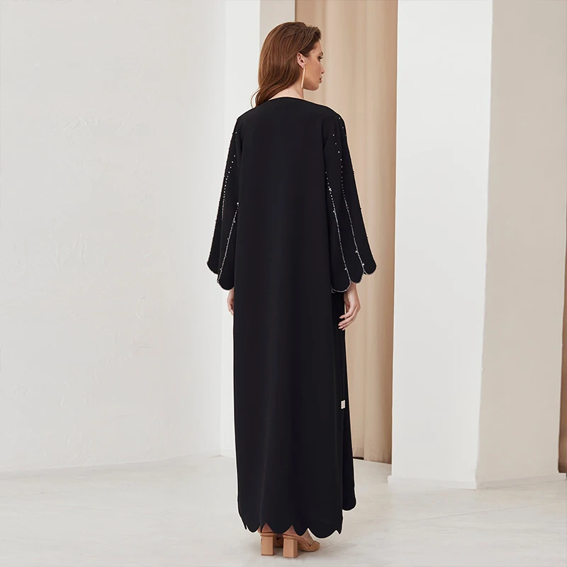 2025 OEM/ODM Eid Abaya haute qualité noir Long manteau brillant cristal dubaï ouvert Abaya porter des vêtements musulmans islamiques