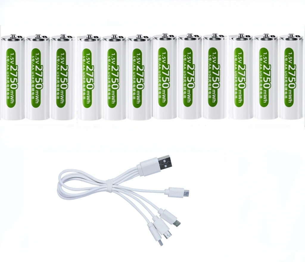 

12pcs /lot New 1.5v 2750mWh AA rechargeable battery USB AA rechargeable lithium battery with Type-C charging cable