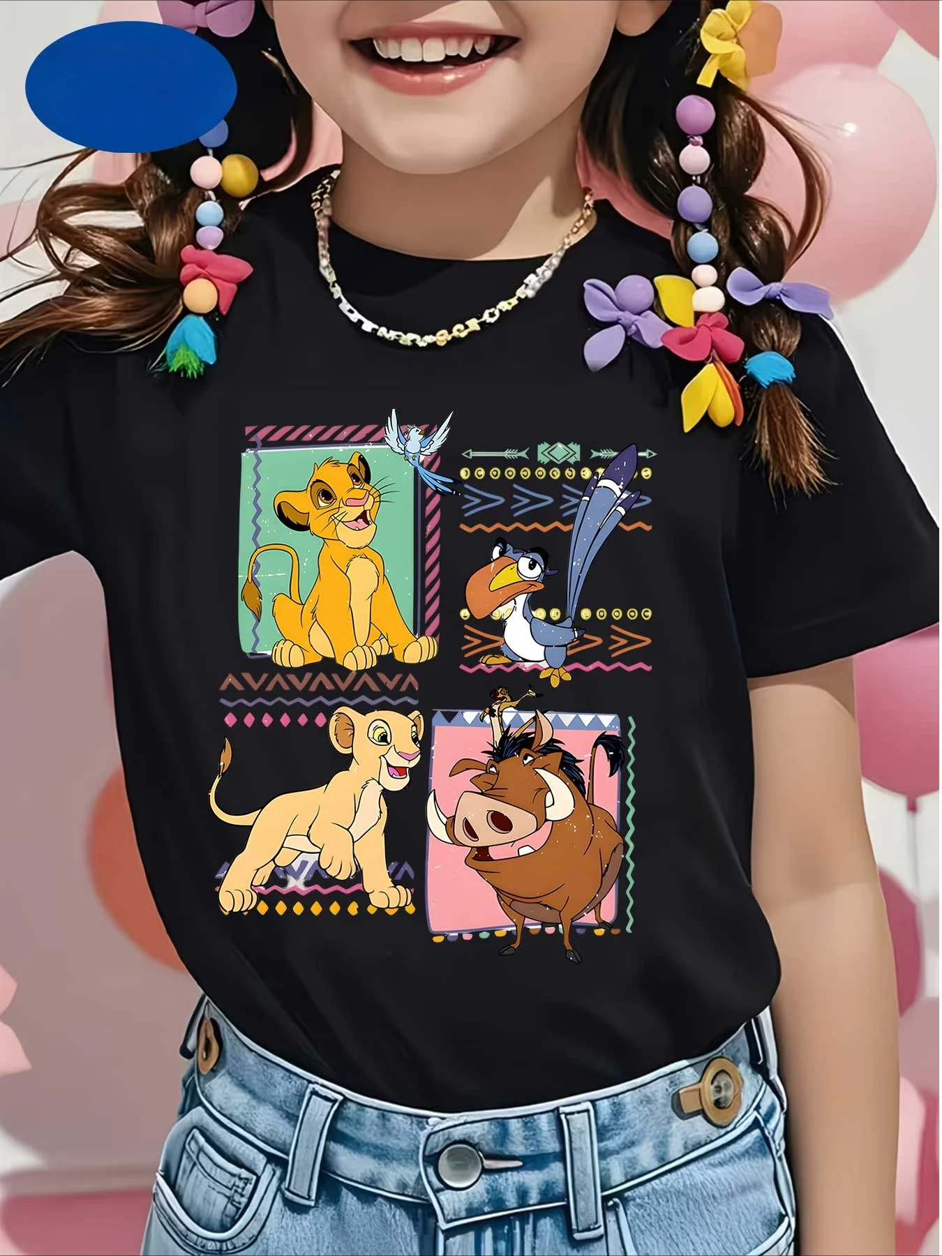 Lion King Kids Cotton T-shirt, Four Character Tribal Grid Frame Print Short Sleeve Tops, Summer Toddler Girls Birthday Gift Tee