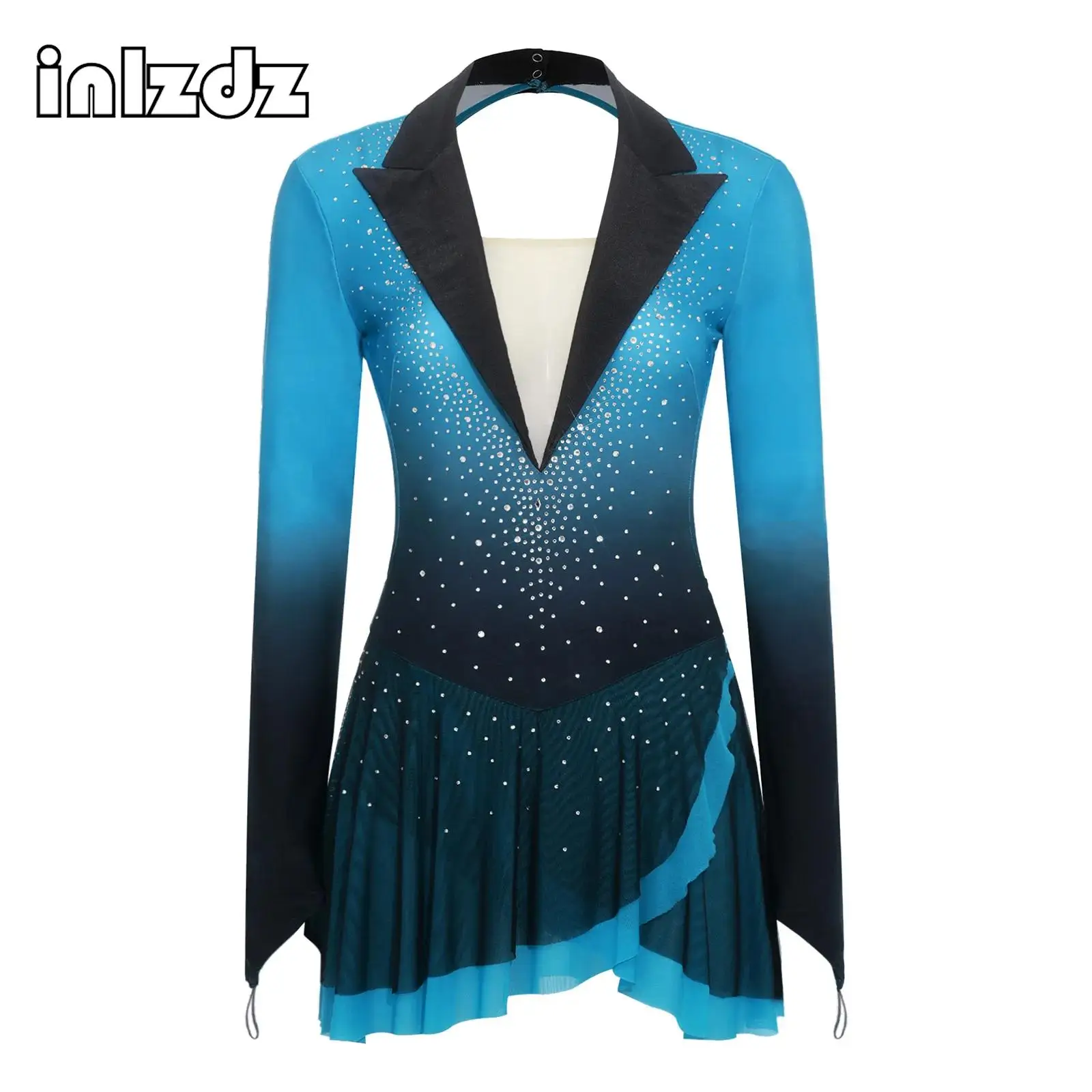

Womens Rhinestone Figure Skating Dance Dress Gymnastics Ballet Dance Costume Lapel V Neck Long Sleeve Backless Mesh Hem Dress