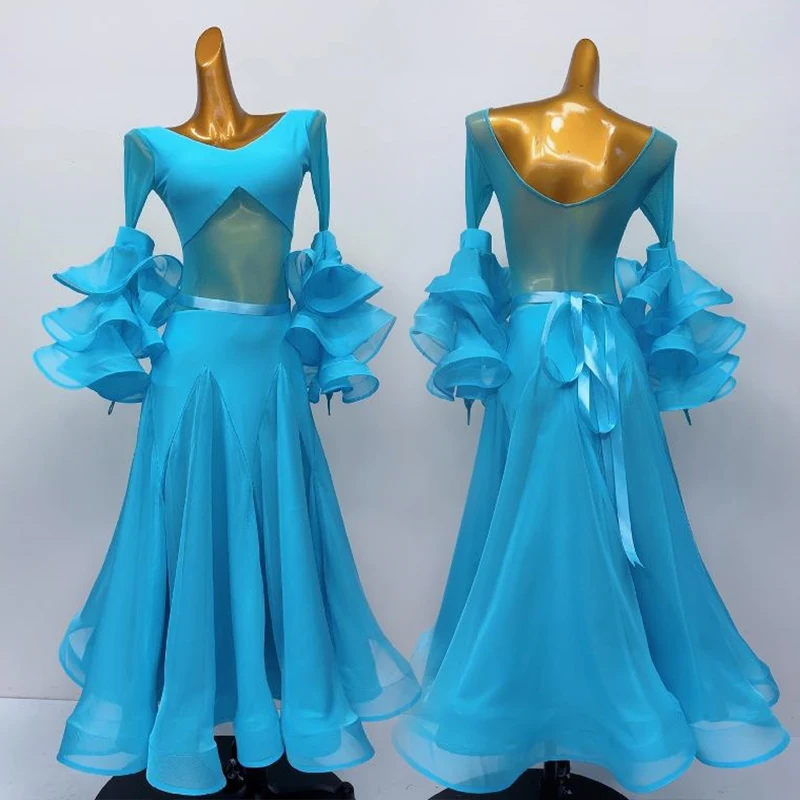 

Blue Ballroom Dance Dress Women Modern Standard Dance Outfit Waltz Competition Clothing Long Sleeve Performance Dresses AMY2590