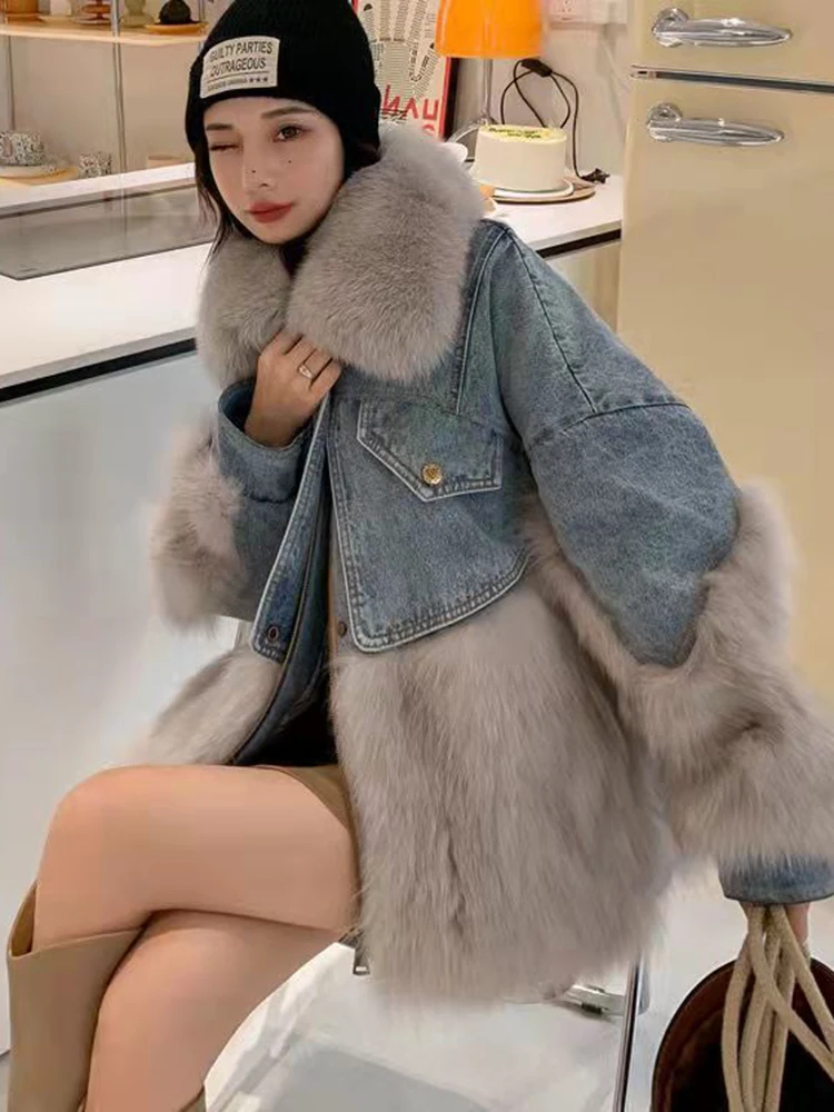 LANMREM Korean Style Faux Fur Spliced Coat Women Contrast Color Denim Patchwork Loose Warm Jackets Fashion Winter New 2VV251