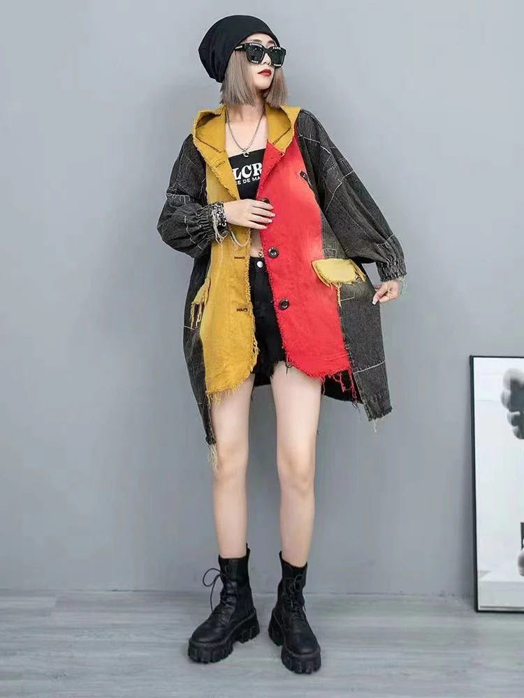 Max LuLu Winter Fashion Streetwear 2023 Ladies Vintage Loose Denim Hooded Trench Coats Womens Casual Punk Big Size Windbreakers