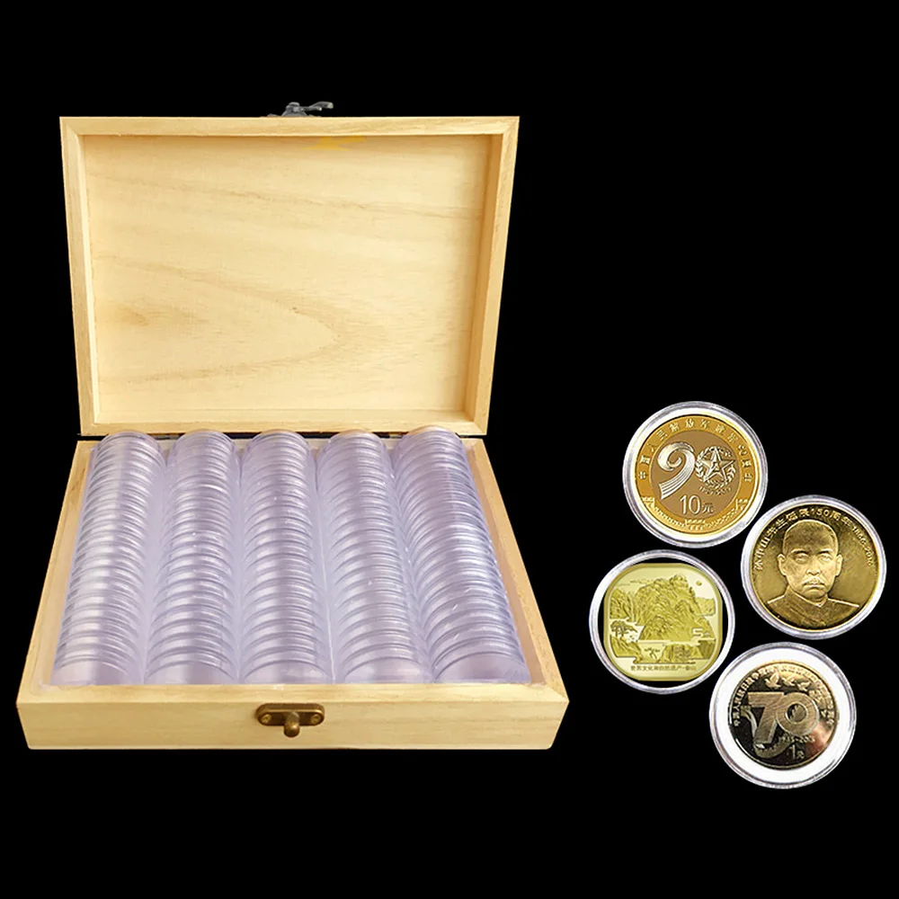 100PC 30mmRound Box Wood Coins Collection Box  For Coins Storage Capsules Protection Boxes Container