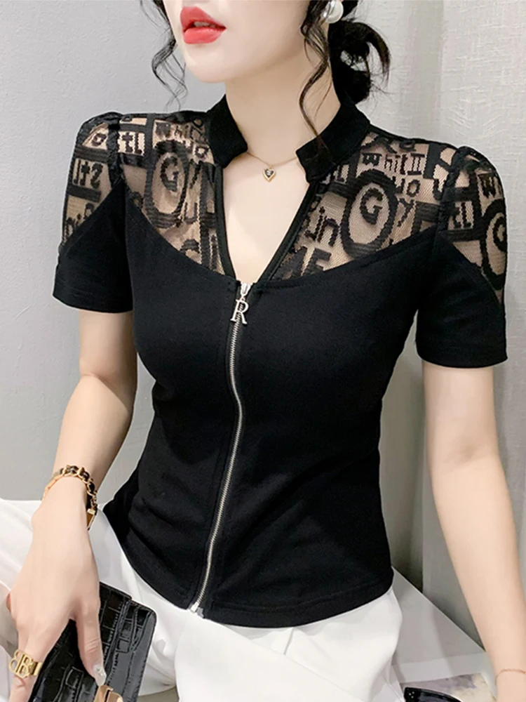 Sexy Summer Short Sleeve T-Shirt Zipper Design V-Neck Mesh Splice Slim Fit Versatile Street Style Cotton Blend Youthful Text ...