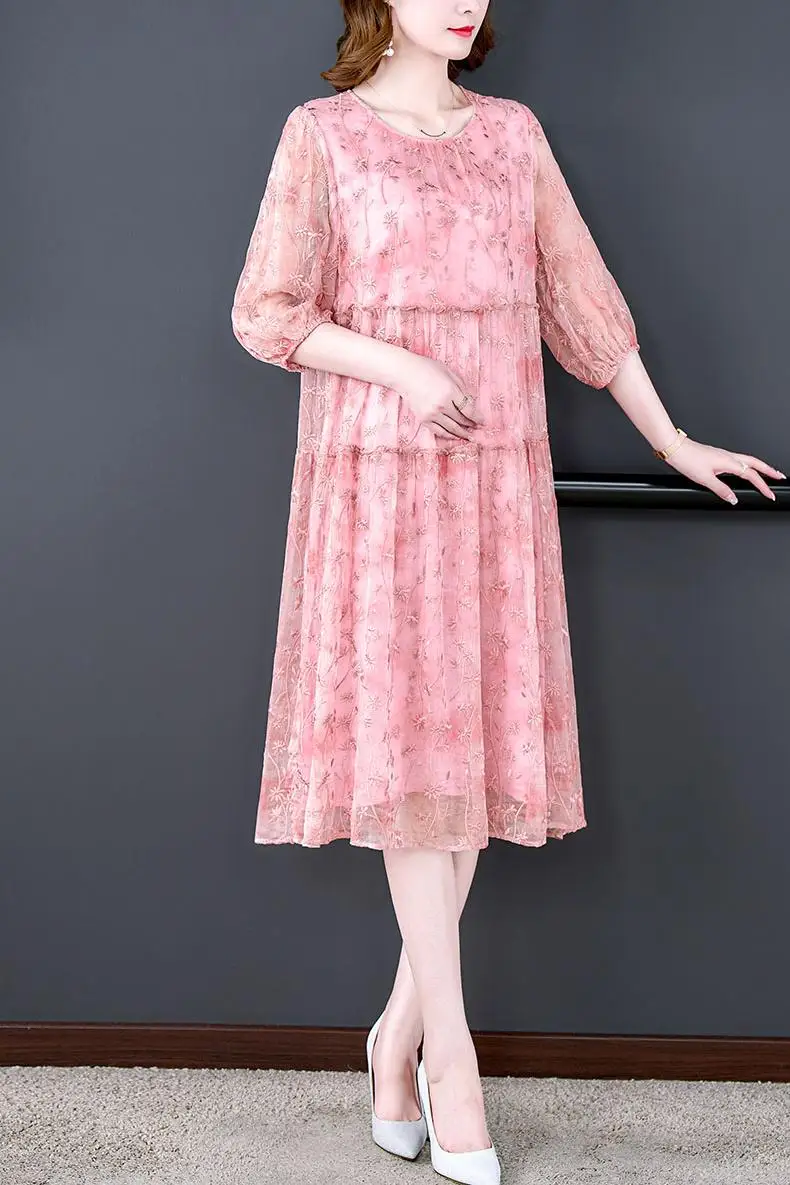 2024 New Pink Mesh Embroidery Midi Dress Spring Summer Fashion Light Loose Waist Dress Women Korean Korean Luxury Elegant Robe