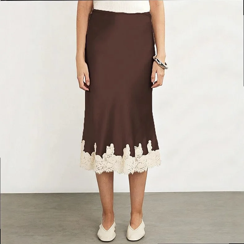 Lace Midi Skirt Satin Stitching Spring Summer Bodycon Pencil Skirts Elegant Sweet Floral Hem