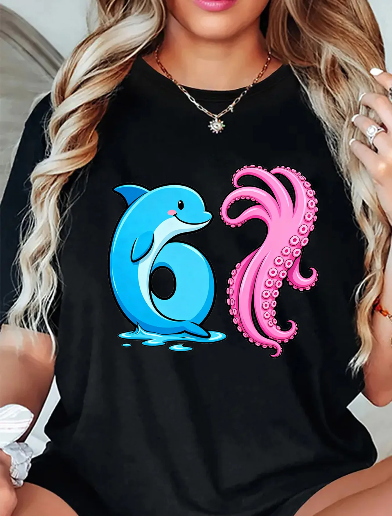 Number 62 Dolphin Pink Octopus Tentacle Ocean Sea Art Graphic Womens T Shirt Short Sleeve Crew Neck Daily Casual Ladies Tee Tops