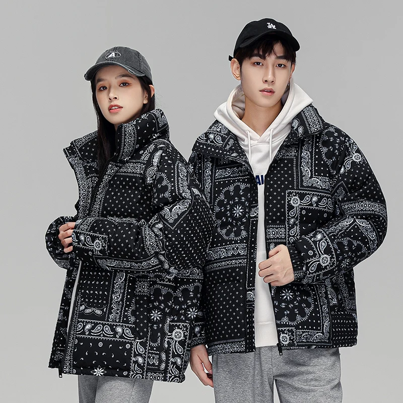 

Brand standing collar down jacket men and women 2023 90% white duck down national Cashew nut flower print couples winter coat