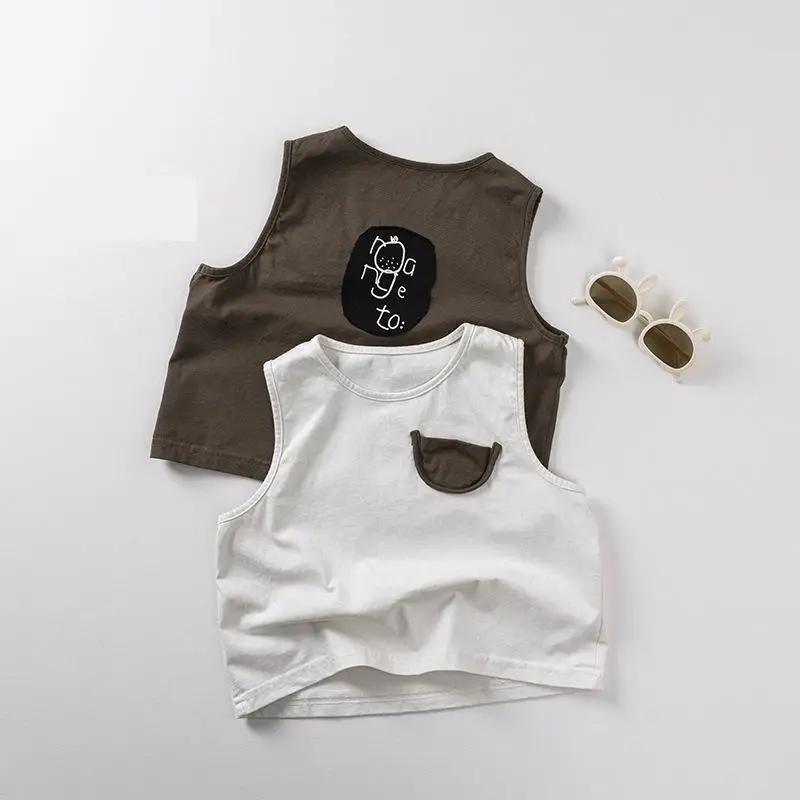 

2025 Summer New Children Sleeveless T Shirts Boys Casual Pocket Vest Girls Loose Vintage Tops Baby Cotton Tee Kids Clothes