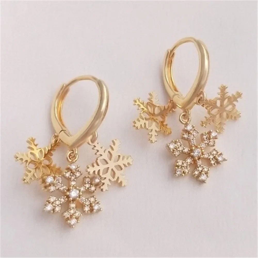 

14K Gold-Color Three-hung Snowflake Earrings Copper-plated Gold Fashionable Temperament Women's Tide Earrings Ear Accessories