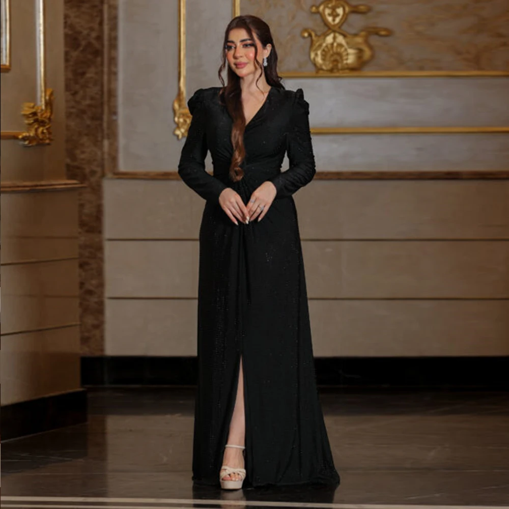 

Customized Black Long Evening Dresses V Neck Luxury Party Dress with Side Slit Full Sleeves Formal Cocktail Gowns 2026