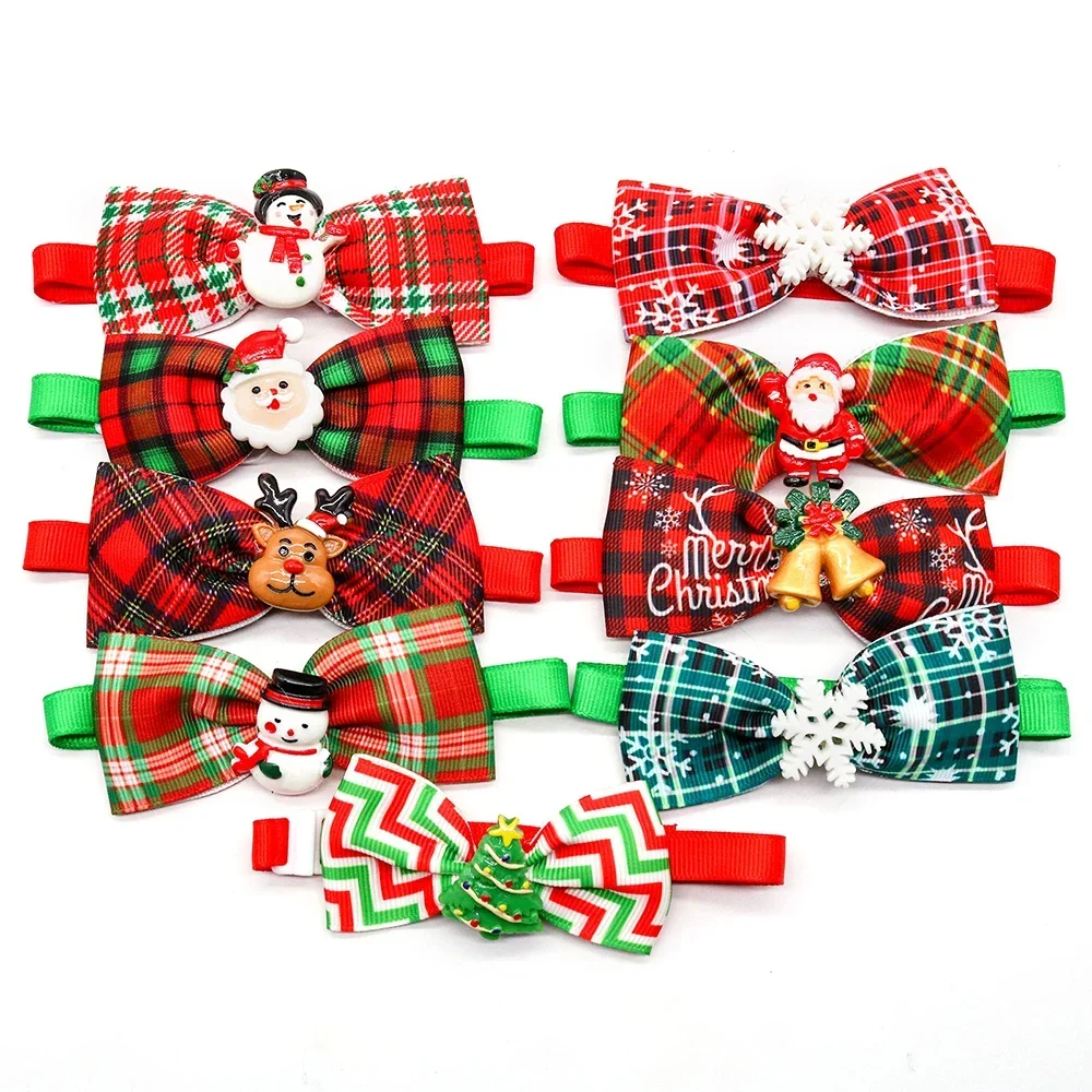 50PCS Christmas Dog Bowties for Dogs Bowknot Collar Plaid Wholesale Grooming Dog Bows for Small Dogs Party Dog Products