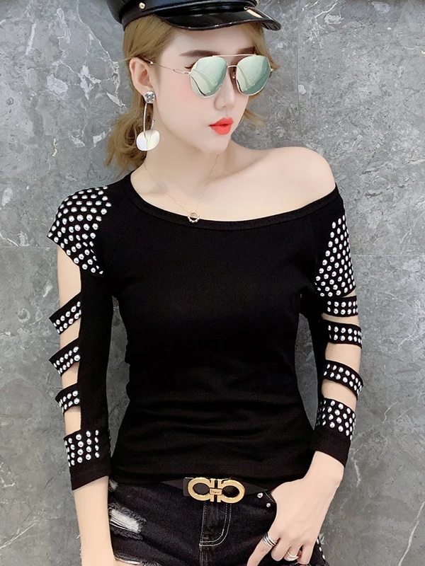 Fashionable Hollow out Diamond Embedded Heavy Work Top for Women Sleeveless round Neck T-Shirt Street Style Slim Fit Linen Blend