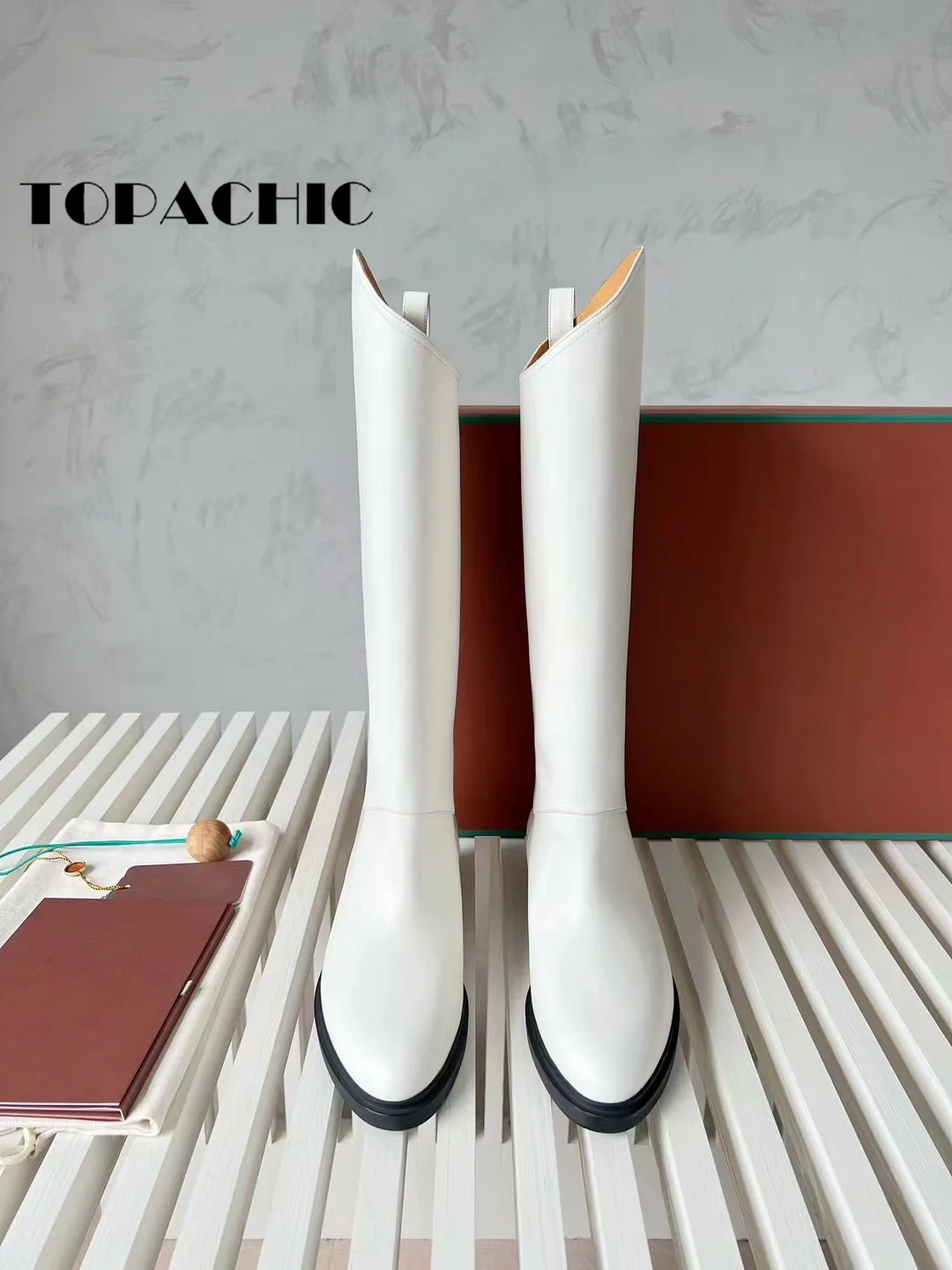 9.19 TOPCHIC Cowhide Over-the-Knee Boots Fashion All-matches Genuine Leather Pointed Toe Diagonal Flat Sole Boots