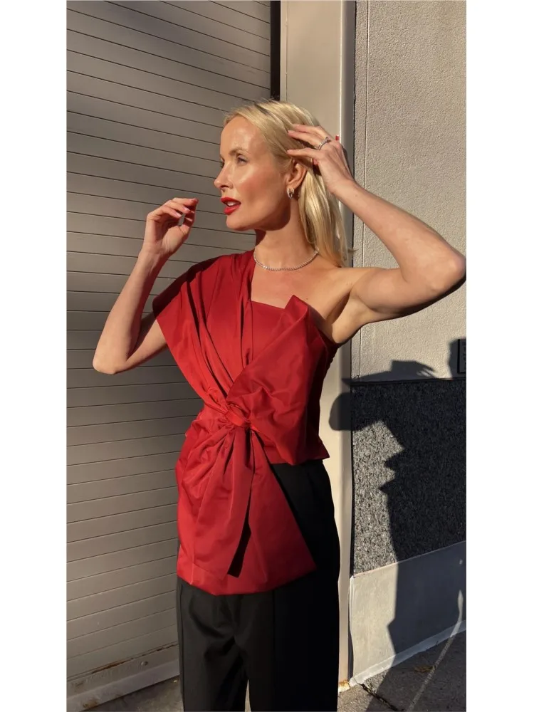 

Casual Bandage Female Tops 2023 Party One-shoulder Shirt Bow Red Chic Top Women Fashion Skew-collar Irregular