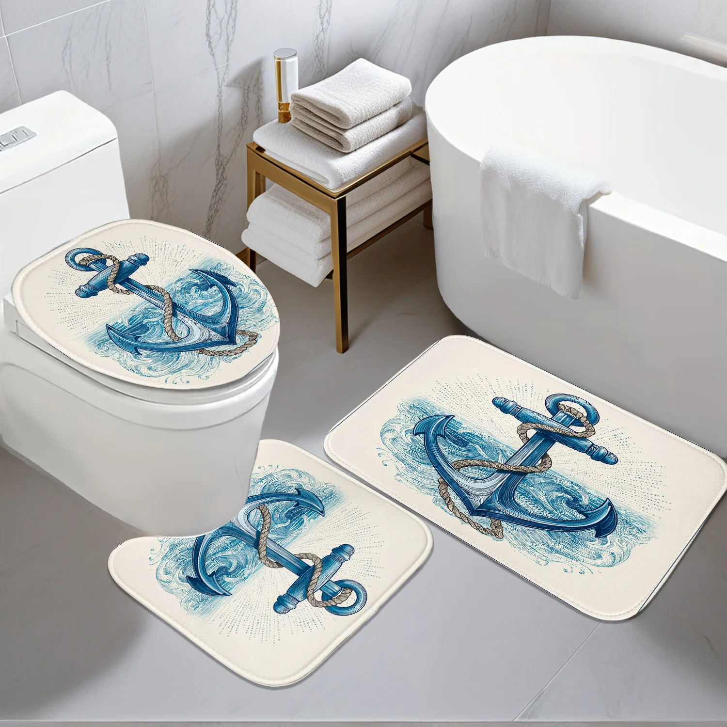 

Hot Bathroom Anti-Slip Mat Set - 3pcs Blue Anchor with Rope and Wave Pattern 2D Design, Digital Print - Includes One Non-Slip Ma