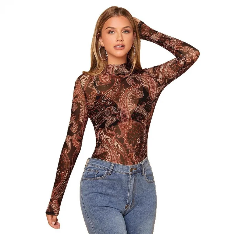 قميص علوي نسائي جديد لخريف وشتاء 2025 مطبوع عليه بيزلي وياقة واقفة وأكمام طويلة #5