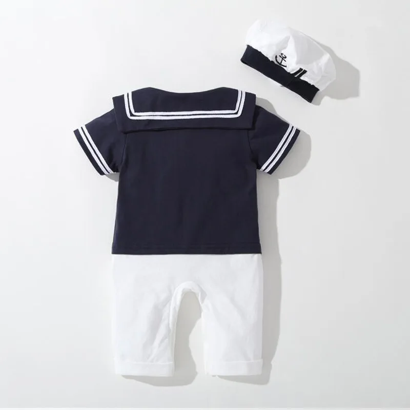 Baby Navy Romper Summer Newborn Kids Boys Girls Sailor Jumpsuit Hat 2Pcs Body Short Sleeve Anchor Printed Suit