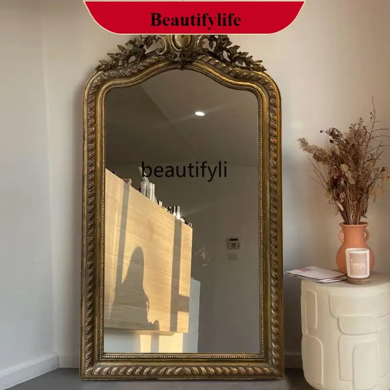 

F66 European retro carved full-body mirror, bedroom floor mirror, French old, entrance fireplace, medieval decorative mirror