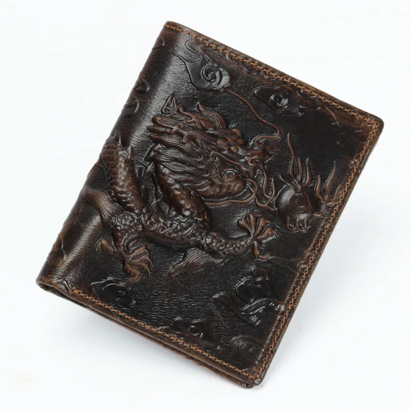 Dragon-Embossed Top-Grain Leather Wallet - Slim Pull-Up Leather Bifold with Horizontal & Vertical, Compact RFID-Secure Purse