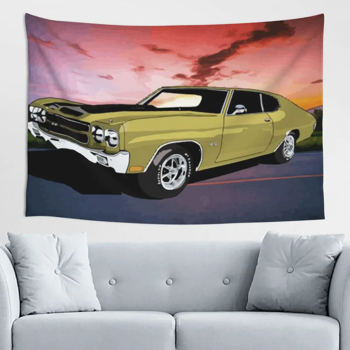 Tapiz con diseño de animales SS Chevelle de 1970, tapiz de estilo chino con efecto mármol, tapiz estético para habitación