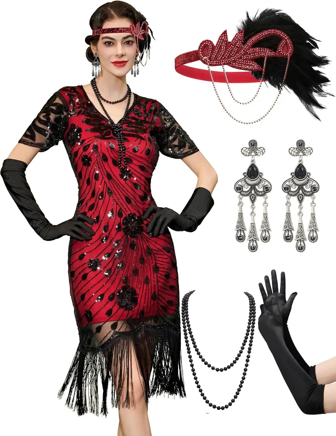 Flapper Jurken jaren 1920, Geweldige Gatsby Jurken voor Vrouwen Fringe Roaring 20s Kostuums met 20s Accessoires voor Harlem Nights