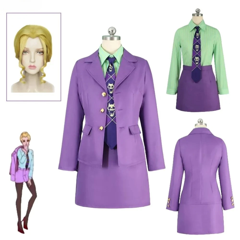 

Hot Anime Kira Yoshikage Cosplay Costume Female Version Halloween Convention Outfits Women Purple JK Uniform Tie Wig Full Set