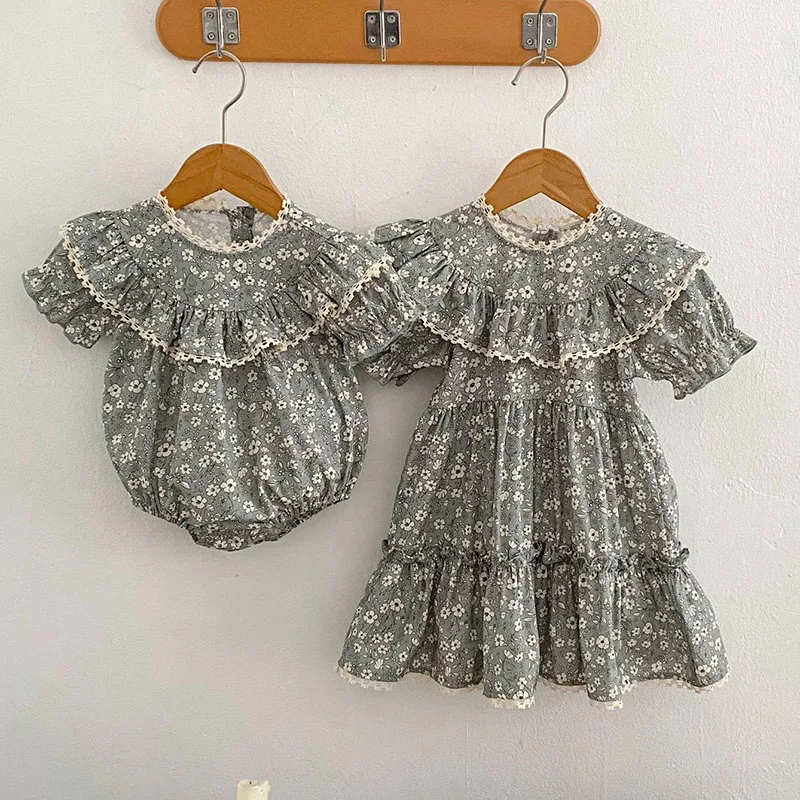 

Новинка 2023 года, летняя одежда для сестры, детские платья принцессы, хлопковое праздничное платье с короткими рукавами и цветочным принтом для маленьких девочек, комбинезон для младенцев