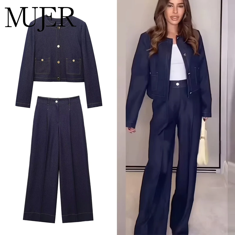 MUJER Blaue Hose mit weitem Bein für Damen, hohe Taille, Baggy-Hose, Damen-Topstitch, lässige Damen-Hosen-Sets, Streetwear-Damenhose