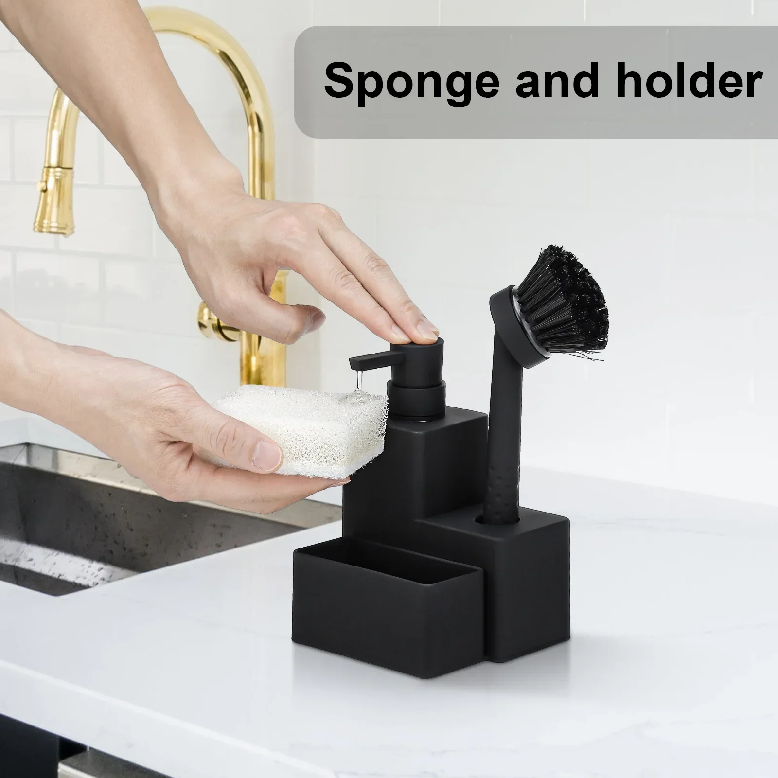 

Modern Square Dish Soap Dispenser with Sponge Holder and Brush 3 in 1 Set for Kitchen Sink Countertop Organizer Matte Black