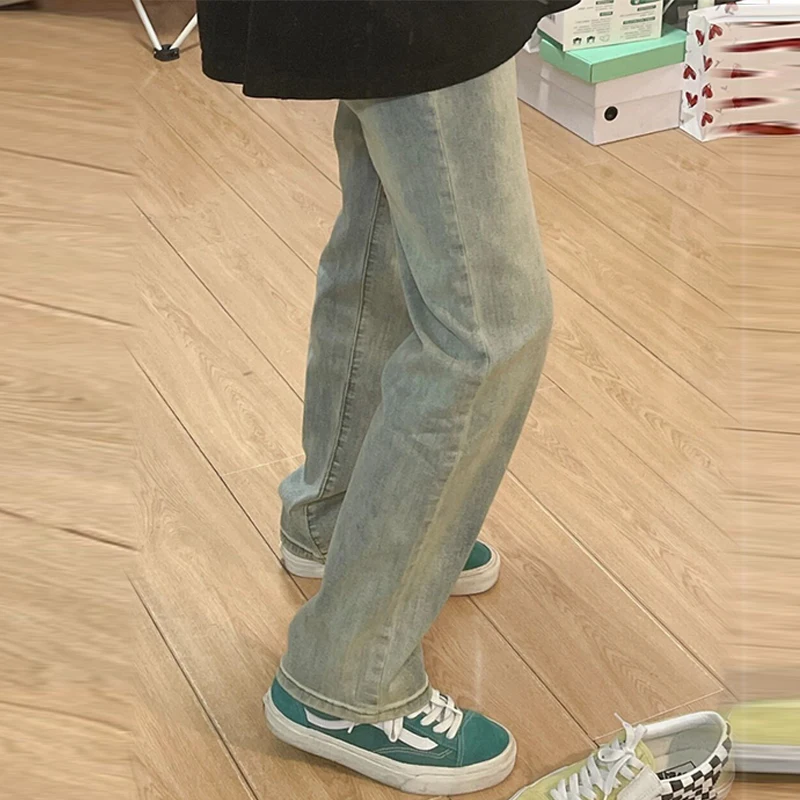 

American Retro Mud-Dyed High Waist Slim Straight Jeans Women's Spring Autumn Extended Length Narrow Version Floor-Length Pants