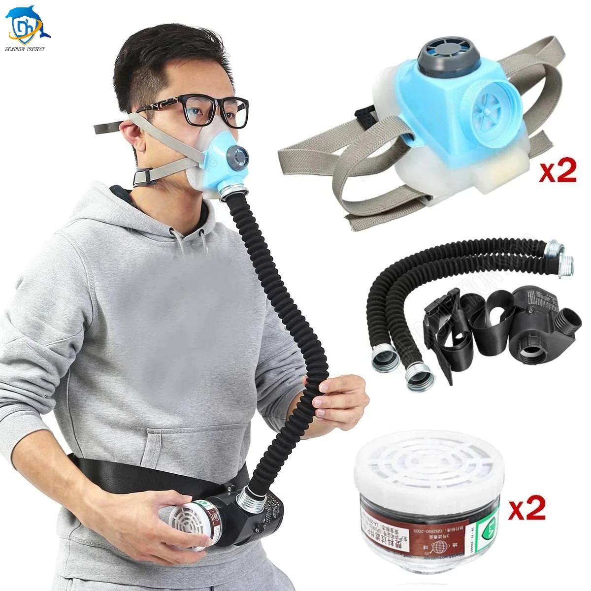 2 Stuks Elektrische Constante Stroom Luchttoevoer Gevoed Beademingsapparaat Half Gezicht Gasmasker Pomp 2 Pijp Respirator Respirator-Systeem-Apparaat Gas