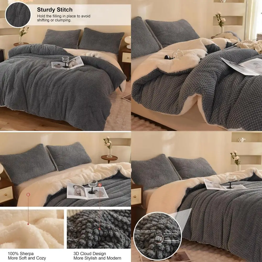 

Luxury Grey Sherpa Plush 3-Piece Queen Comforter Set with 2 Pillowcases, 90x90