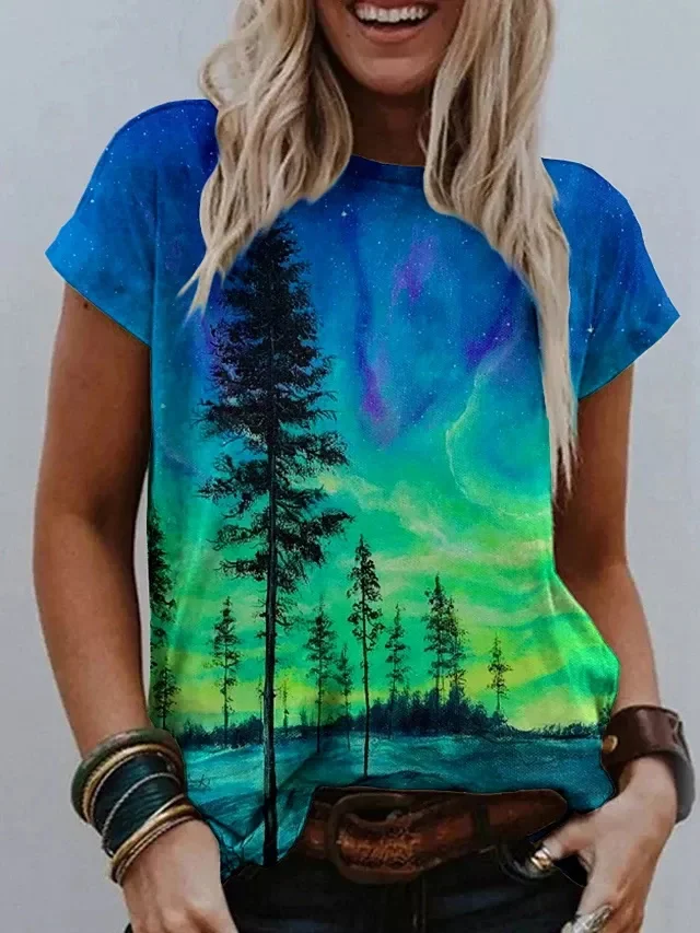 Aurora Forest Printed T-Shirt Women's Summer Cotton Plus Size Basic Short Sleeved T-Shirt Couple Dress Women's Gothic Top Me15