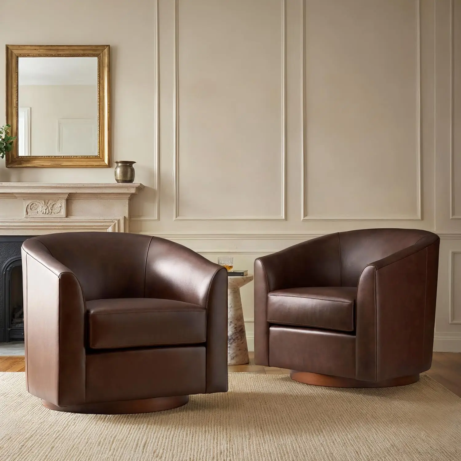 Genuine Leather Swivel Barrel Accent Chairs Set of 2, Brown