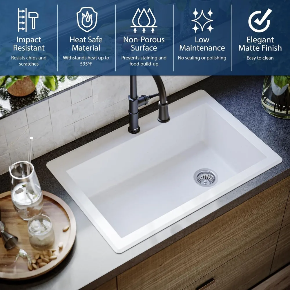 Karran QT-670 Évier de cuisine à cuvette simple composite de quartz de 33 pouces, blanc