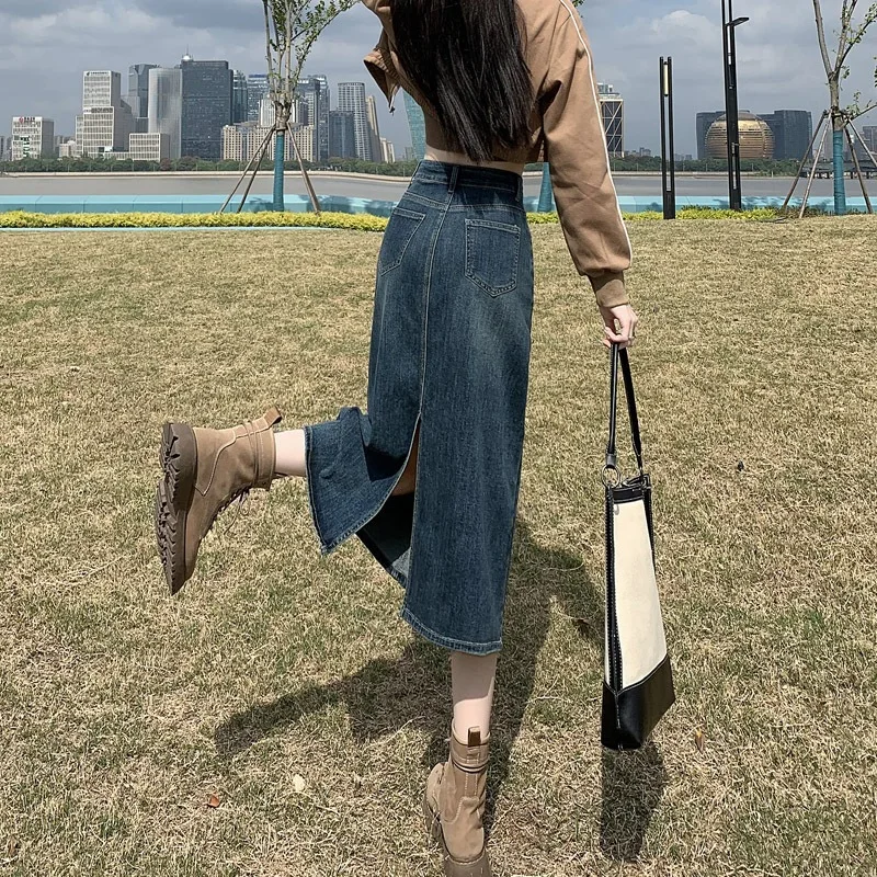 Retro High Waist Slimming Mid-Length Denim Mini Skirt Women's Design Sensation A-Line Wrap Skirt Stylish Commute Urban Style